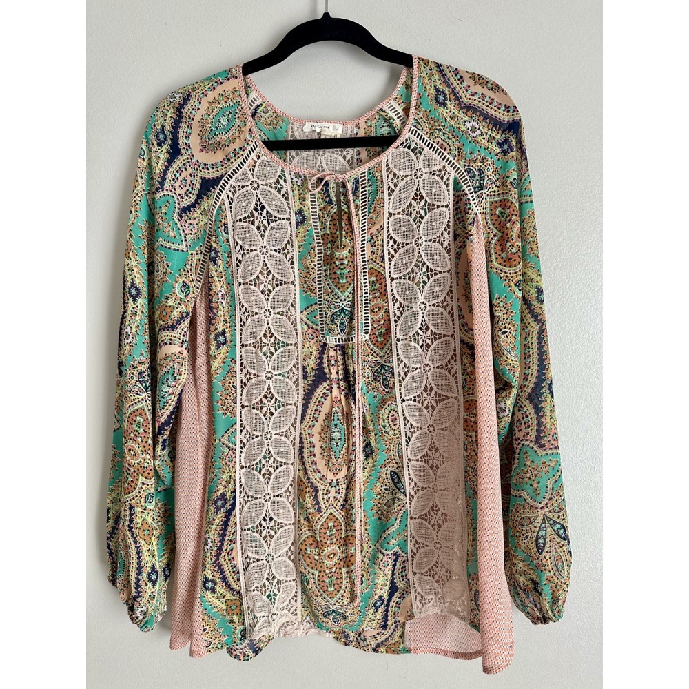 Meadow Rue Large Womens Blouse Top Peasant Lace Long Sleeve Boho Lightweight